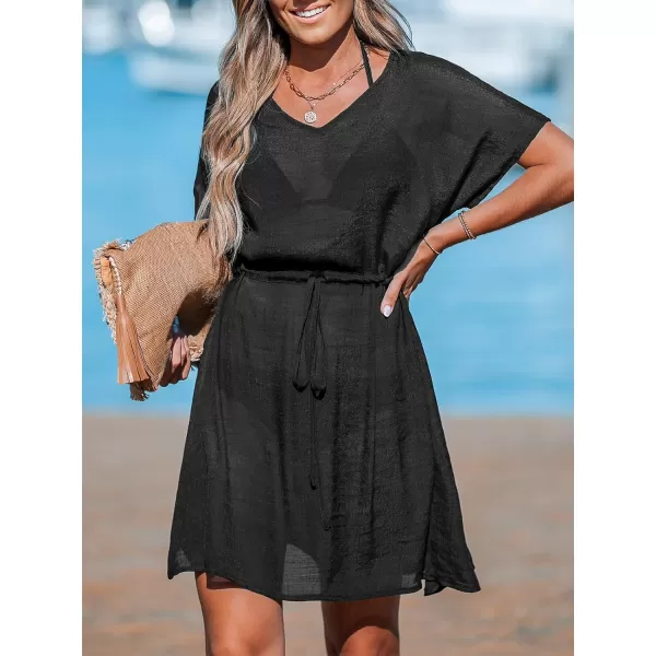 imageCUPSHE Womens Cover Up Swimwear Self Tie Waist Mini Dress Sheer Beach SummerBlack