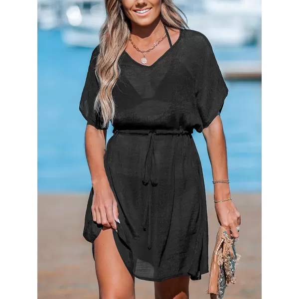 imageCUPSHE Womens Cover Up Swimwear Self Tie Waist Mini Dress Sheer Beach SummerBlack