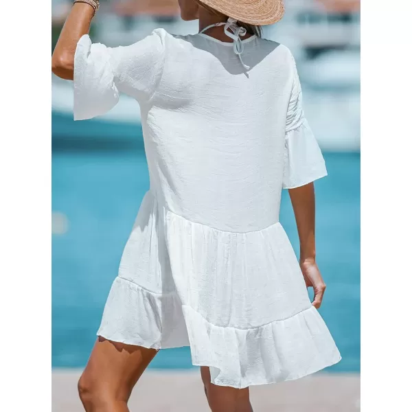 imageCUPSHE Womens Cover Up Tassel Tie Front Crochet Mini Cover Up Dress Flounce Trim DressWhite