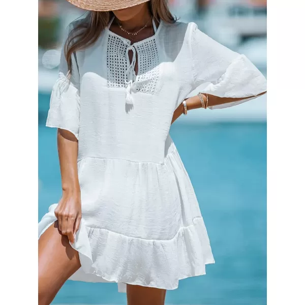 imageCUPSHE Womens Cover Up Tassel Tie Front Crochet Mini Cover Up Dress Flounce Trim DressWhite