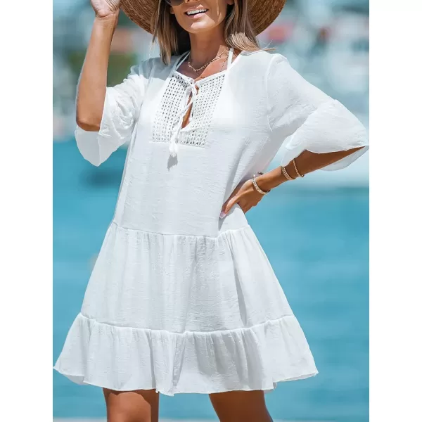 imageCUPSHE Womens Cover Up Tassel Tie Front Crochet Mini Cover Up Dress Flounce Trim DressWhite