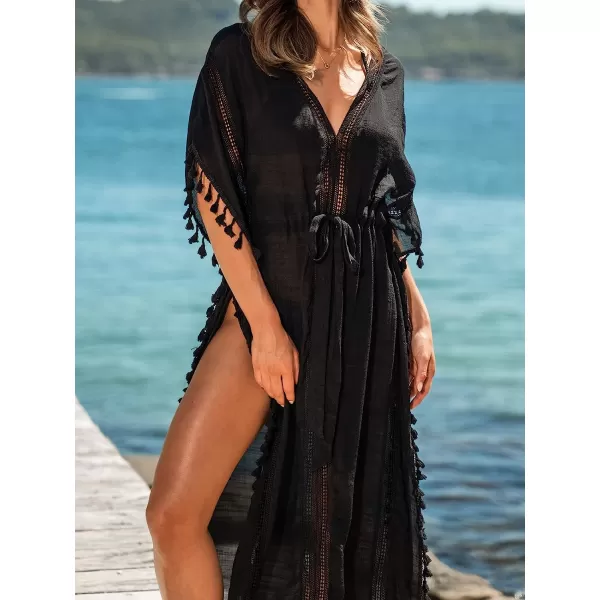 imageCUPSHE Womens Cover Up Tassel Trim Belted Midi LengthBlack