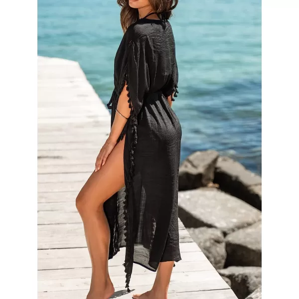 imageCUPSHE Womens Cover Up Tassel Trim Belted Midi LengthBlack