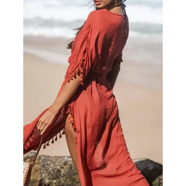 imageCUPSHE Womens Cover Up Tassel Trim Belted Midi LengthRed