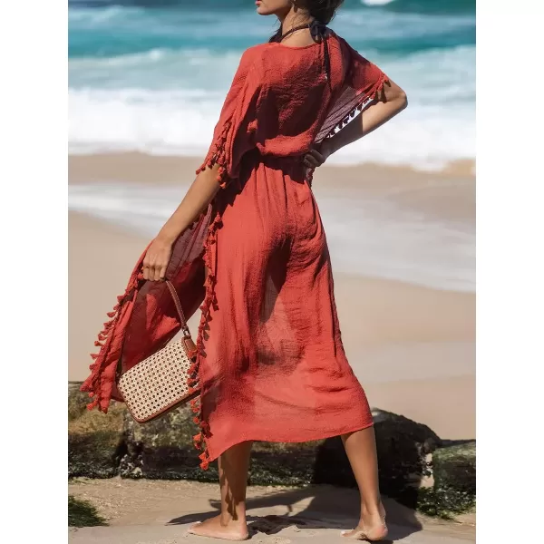 imageCUPSHE Womens Cover Up Tassel Trim Belted Midi LengthRed