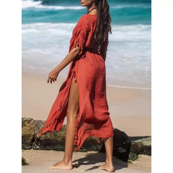imageCUPSHE Womens Cover Up Tassel Trim Belted Midi LengthRed