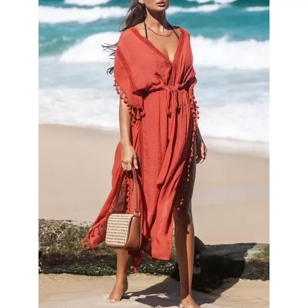 imageCUPSHE Womens Cover Up Tassel Trim Belted Midi LengthRed