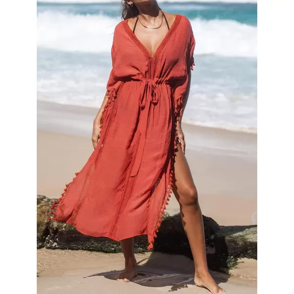 imageCUPSHE Womens Cover Up Tassel Trim Belted Midi LengthRed