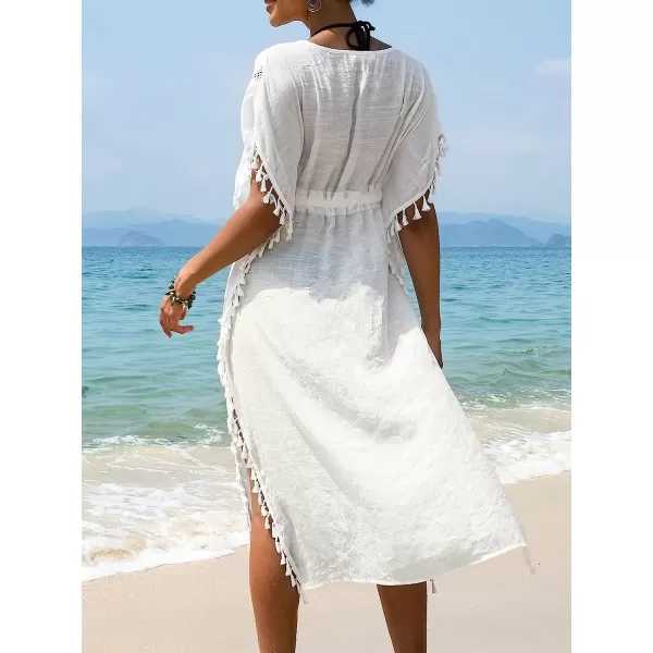 imageCUPSHE Womens Cover Up Tassel Trim Belted Midi LengthWhite
