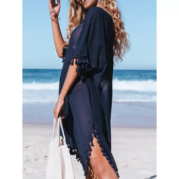 imageCUPSHE Womens Cover Up Tassel Trim VNeck Pullover TopNavy Blue