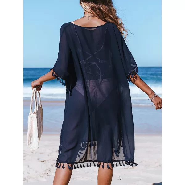 imageCUPSHE Womens Cover Up Tassel Trim VNeck Pullover TopNavy Blue