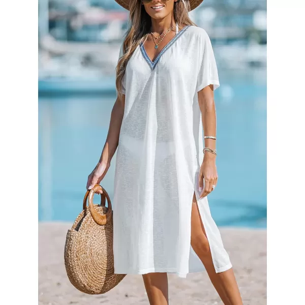 imageCUPSHE Womens Cover Up V Neck Contrast Side Slit Long Cover Up Dress Summer Midi DressWhite