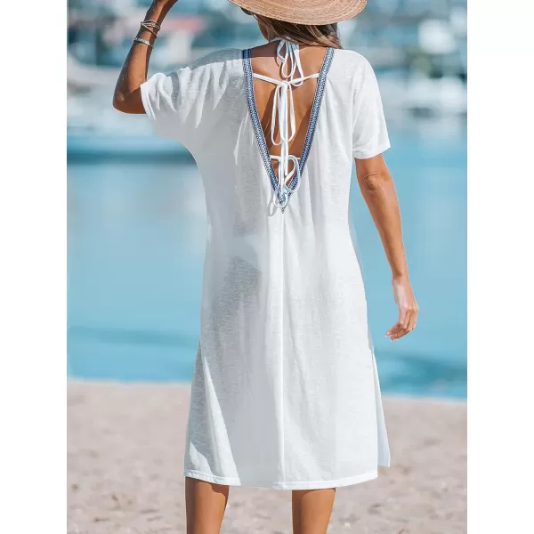imageCUPSHE Womens Cover Up V Neck Contrast Side Slit Long Cover Up Dress Summer Midi DressWhite