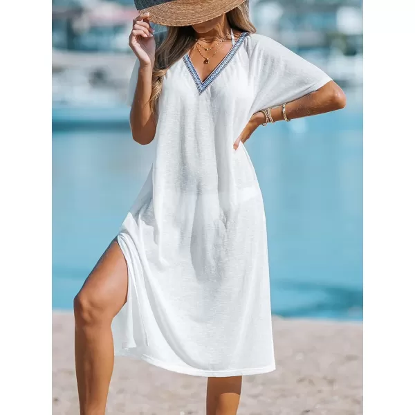 imageCUPSHE Womens Cover Up V Neck Contrast Side Slit Long Cover Up Dress Summer Midi DressWhite