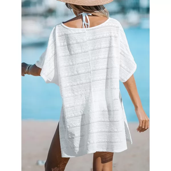 imageCUPSHE Womens Cover Up V Neck Crochet Dolman Sleeve Short Cover Up Dress Side Slit Loose Beach Mini DressWhite