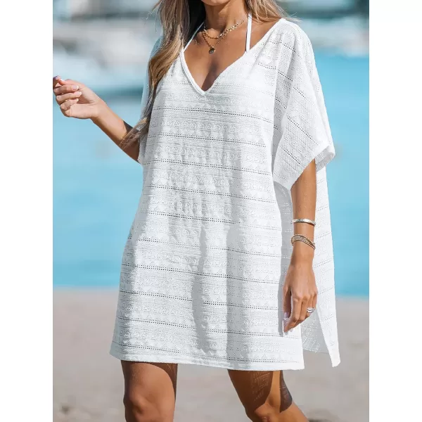 imageCUPSHE Womens Cover Up V Neck Crochet Dolman Sleeve Short Cover Up Dress Side Slit Loose Beach Mini DressWhite