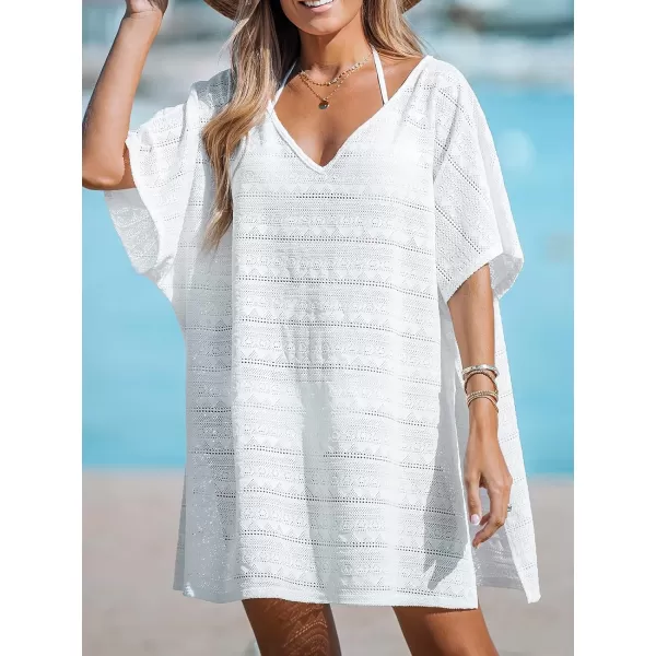 imageCUPSHE Womens Cover Up V Neck Crochet Dolman Sleeve Short Cover Up Dress Side Slit Loose Beach Mini DressWhite