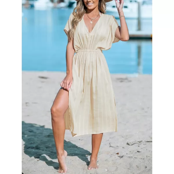 imageCUPSHE Womens Cover Up V Neck Midi Dress Short Sleeves Beachwear Casual Coverups Striped Summer 2024Light Khaki