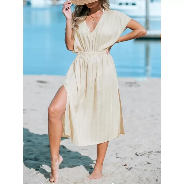 imageCUPSHE Womens Cover Up V Neck Midi Dress Short Sleeves Beachwear Casual Coverups Striped Summer 2024Light Khaki