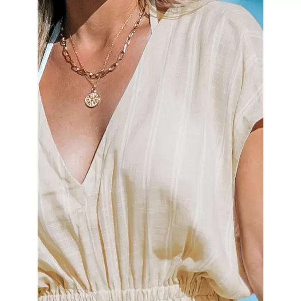 imageCUPSHE Womens Cover Up V Neck Midi Dress Short Sleeves Beachwear Casual Coverups Striped Summer 2024Light Khaki