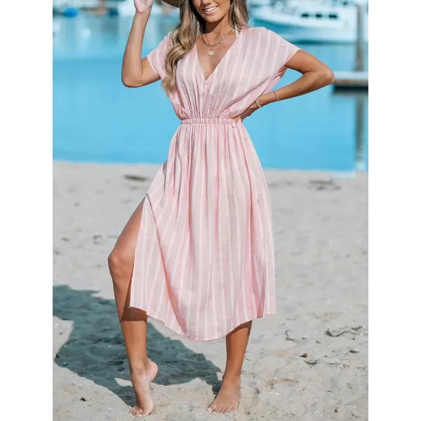 imageCUPSHE Womens Cover Up V Neck Midi Dress Short Sleeves Beachwear Casual Coverups Striped Summer 2024Light Pink