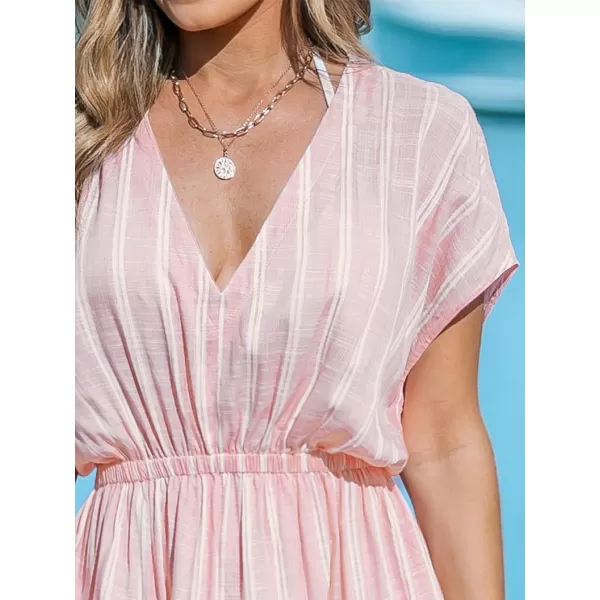 imageCUPSHE Womens Cover Up V Neck Midi Dress Short Sleeves Beachwear Casual Coverups Striped Summer 2024Light Pink