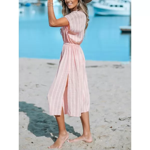 imageCUPSHE Womens Cover Up V Neck Midi Dress Short Sleeves Beachwear Casual Coverups Striped Summer 2024Light Pink