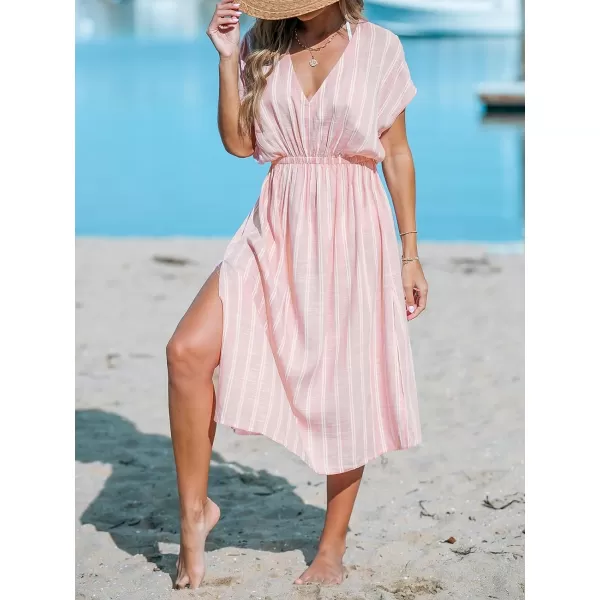 imageCUPSHE Womens Cover Up V Neck Midi Dress Short Sleeves Beachwear Casual Coverups Striped Summer 2024Light Pink