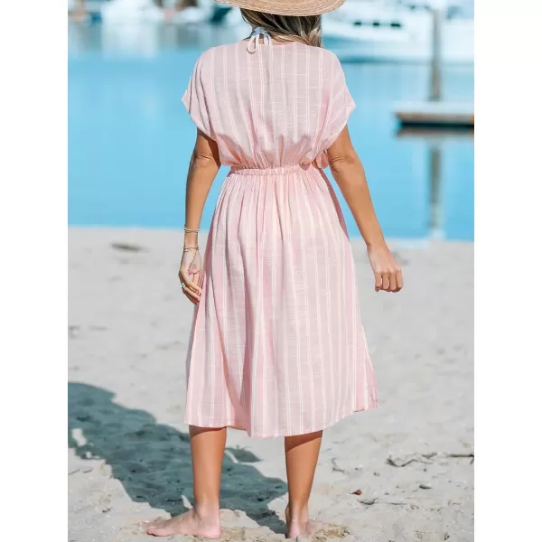 imageCUPSHE Womens Cover Up V Neck Midi Dress Short Sleeves Beachwear Casual Coverups Striped Summer 2024Light Pink