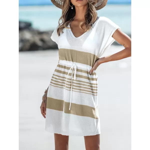 imageCUPSHE Womens Cover Up V Neck Striped Short Sleeves Drawstring Cover Up Ribbed Trim Mini Beach DressWhite