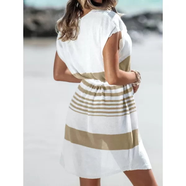 imageCUPSHE Womens Cover Up V Neck Striped Short Sleeves Drawstring Cover Up Ribbed Trim Mini Beach DressWhite