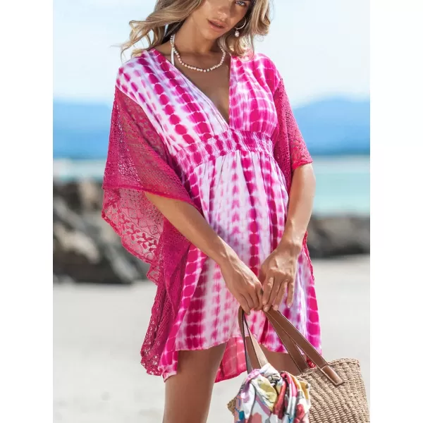 imageCUPSHE Womens Cover Up V Neck TieDye Knit Sheer Sleeve Mini Cover Up Dress Woven Smocked Lace DressHot Pink