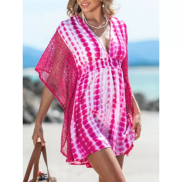 imageCUPSHE Womens Cover Up V Neck TieDye Knit Sheer Sleeve Mini Cover Up Dress Woven Smocked Lace DressHot Pink