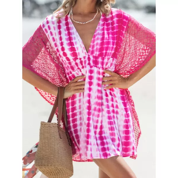 imageCUPSHE Womens Cover Up V Neck TieDye Knit Sheer Sleeve Mini Cover Up Dress Woven Smocked Lace DressHot Pink
