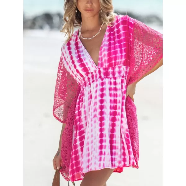 imageCUPSHE Womens Cover Up V Neck TieDye Knit Sheer Sleeve Mini Cover Up Dress Woven Smocked Lace DressHot Pink