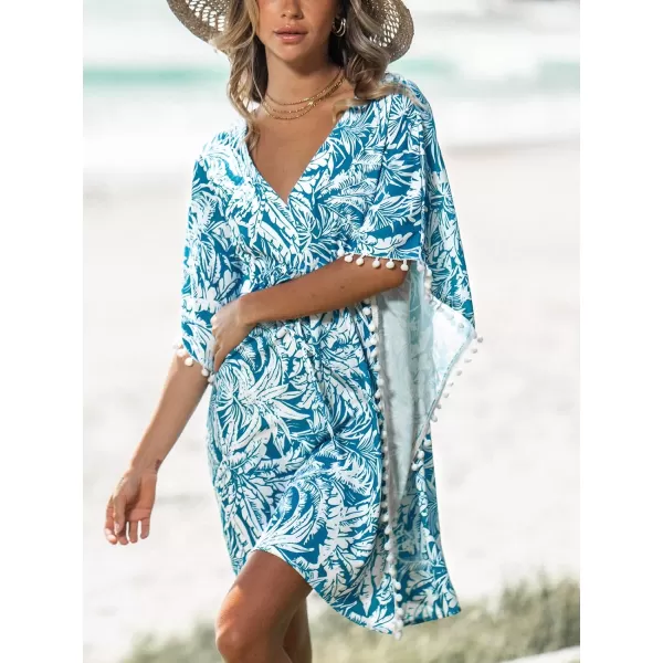 imageCUPSHE Womens Cover Up V Neck Tropical Leaf Print Mini Cover Up Dress Woven Drawstring DressBlue
