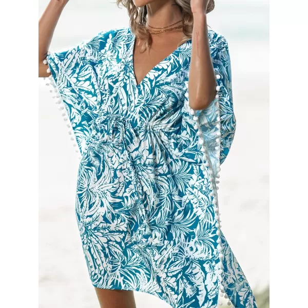 imageCUPSHE Womens Cover Up V Neck Tropical Leaf Print Mini Cover Up Dress Woven Drawstring DressBlue