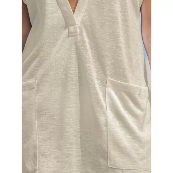 imageCUPSHE Womens Cover Ups Plunging Swimsuits Short Sleeves Patch Pockets Beachwear Mini Dress 2024Beige