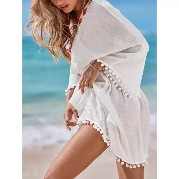 imageCUPSHE Womens Cover Ups Swimsuits Pom Pom Long Sleeves Ethnic Crochet V Neckline Beachwear Dress 2024White
