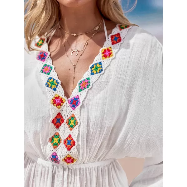 imageCUPSHE Womens Cover Ups Swimsuits Pom Pom Long Sleeves Ethnic Crochet V Neckline Beachwear Dress 2024White
