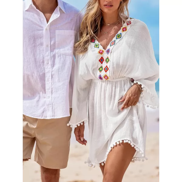 imageCUPSHE Womens Cover Ups Swimsuits Pom Pom Long Sleeves Ethnic Crochet V Neckline Beachwear Dress 2024White