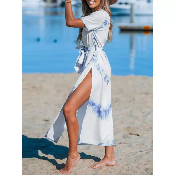 imageCUPSHE Womens Cover Ups Tie Dye Button Front Maxi Beach Dress Short Sleeve Split Long BeachwearBlue