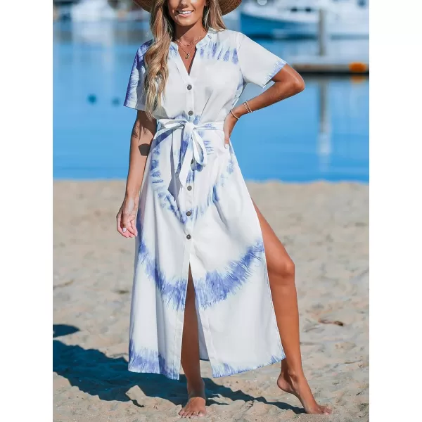 imageCUPSHE Womens Cover Ups Tie Dye Button Front Maxi Beach Dress Short Sleeve Split Long BeachwearBlue