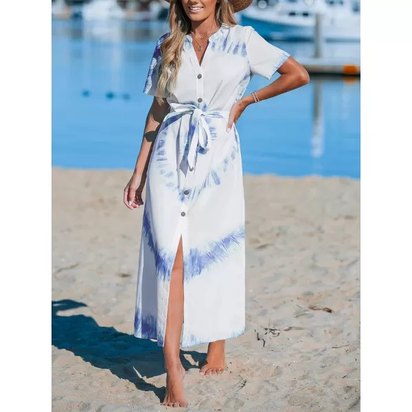 imageCUPSHE Womens Cover Ups Tie Dye Button Front Maxi Beach Dress Short Sleeve Split Long BeachwearBlue