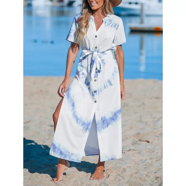 imageCUPSHE Womens Cover Ups Tie Dye Button Front Maxi Beach Dress Short Sleeve Split Long BeachwearBlue