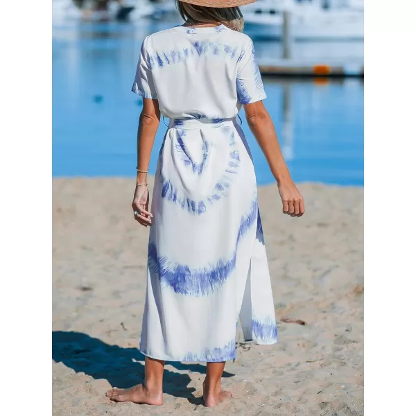 imageCUPSHE Womens Cover Ups Tie Dye Button Front Maxi Beach Dress Short Sleeve Split Long BeachwearBlue