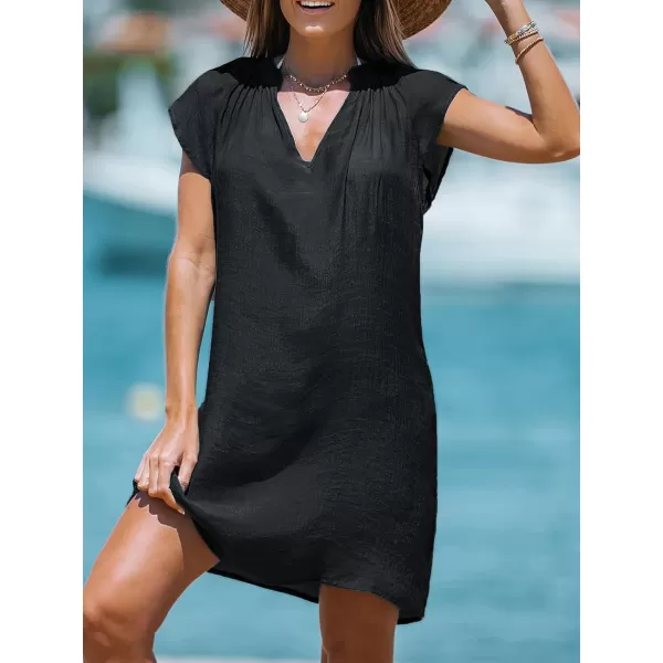 imageCUPSHE Womens Cover up V Neck Short Sleeve Flowy Pleated Cover Up Dress Woven Mini DressBlack