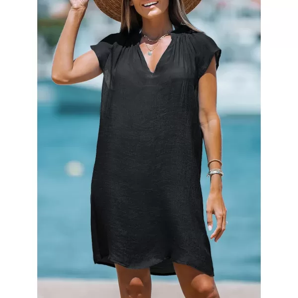 imageCUPSHE Womens Cover up V Neck Short Sleeve Flowy Pleated Cover Up Dress Woven Mini DressBlack