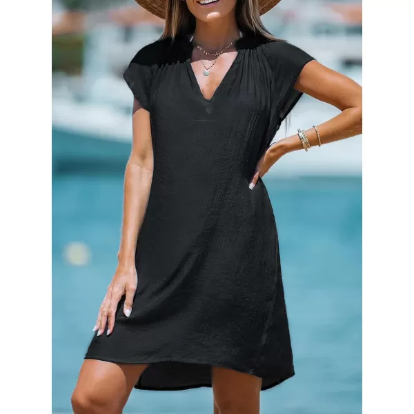 imageCUPSHE Womens Cover up V Neck Short Sleeve Flowy Pleated Cover Up Dress Woven Mini DressBlack