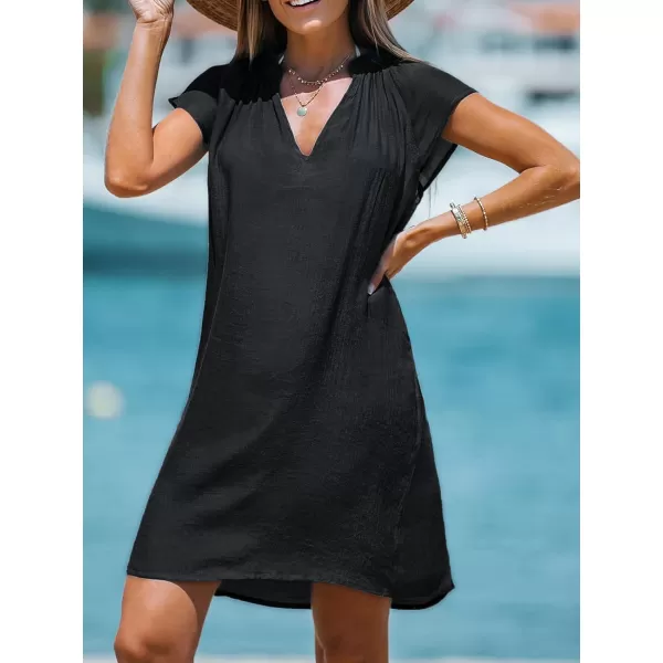 imageCUPSHE Womens Cover up V Neck Short Sleeve Flowy Pleated Cover Up Dress Woven Mini DressBlack